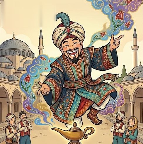 터번을 쓴 Genie가 요술 램프에서 나와 웃으며 손짓하는 그림